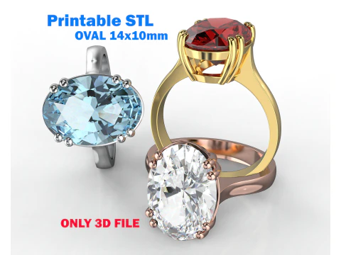 Anello di fidanzamento SOLITAIRE stampabile con STL ovale 14x10 mm Modello 3D
