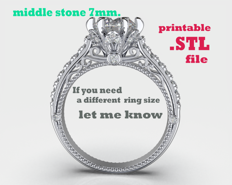 Printable jewelry engagement luxury victorian ring with middle stone 7mm - STL ready to print Model 3D .c4d .max .obj .3ds .fbx .stl .blend