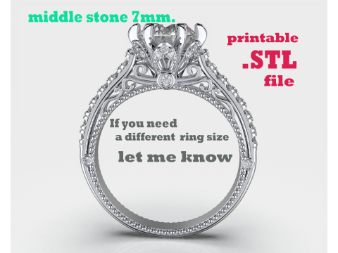 Printable jewelry engagement luxury victorian ring with middle stone 7mm - STL ready to print 3D Model