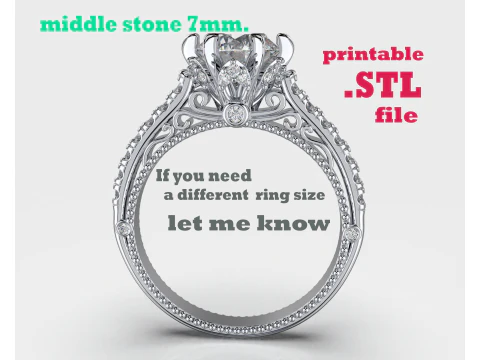 인쇄 가능한 주얼리 약혼 럭셔리 빅토리아 반지(미들 스톤 7mm) - STL 인쇄 가능 3D 모델