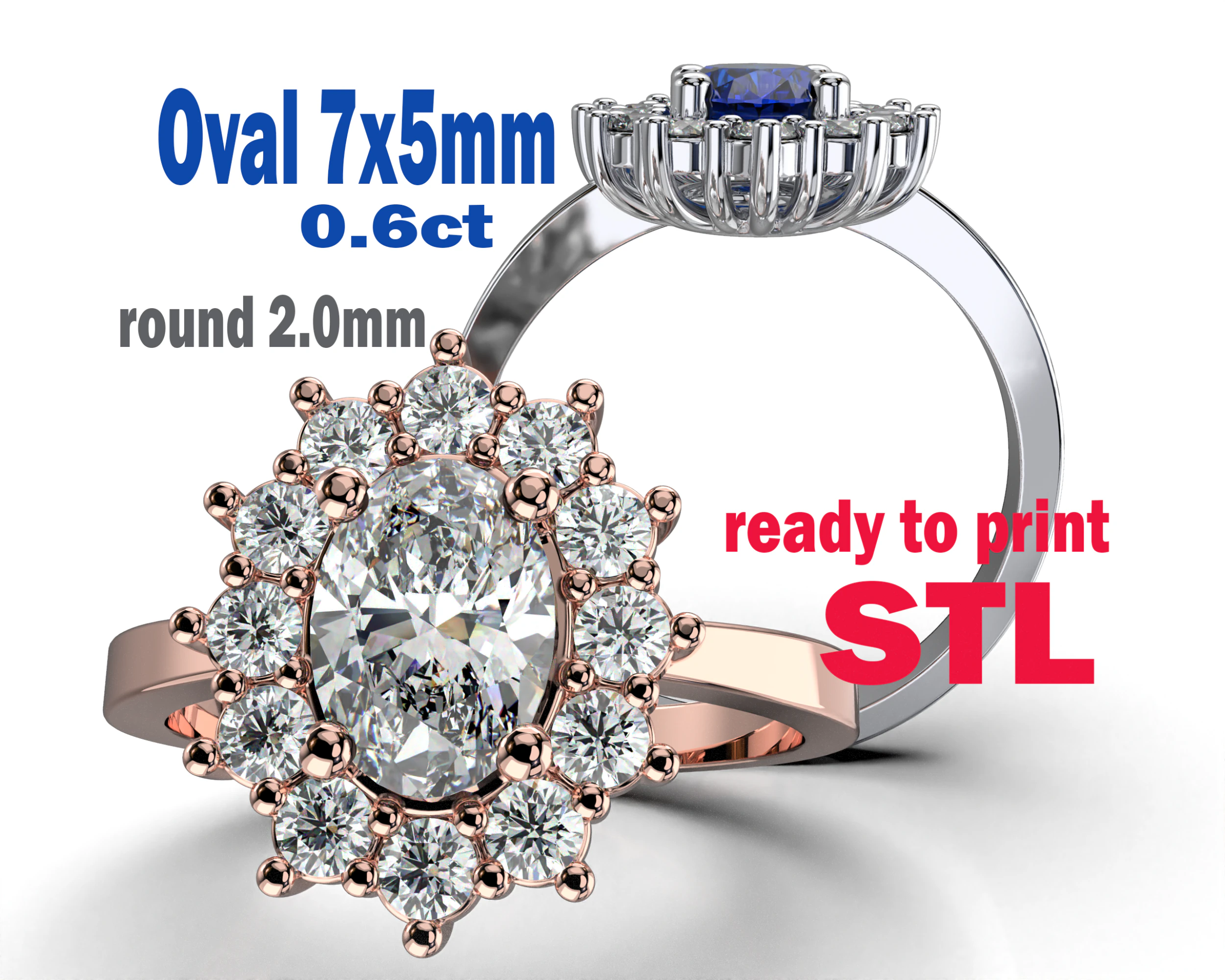 Engagement ring OVAL 7x5mm 06ct -STL printable 3D Print Model .c4d .max .obj .3ds .fbx .stl .blend 