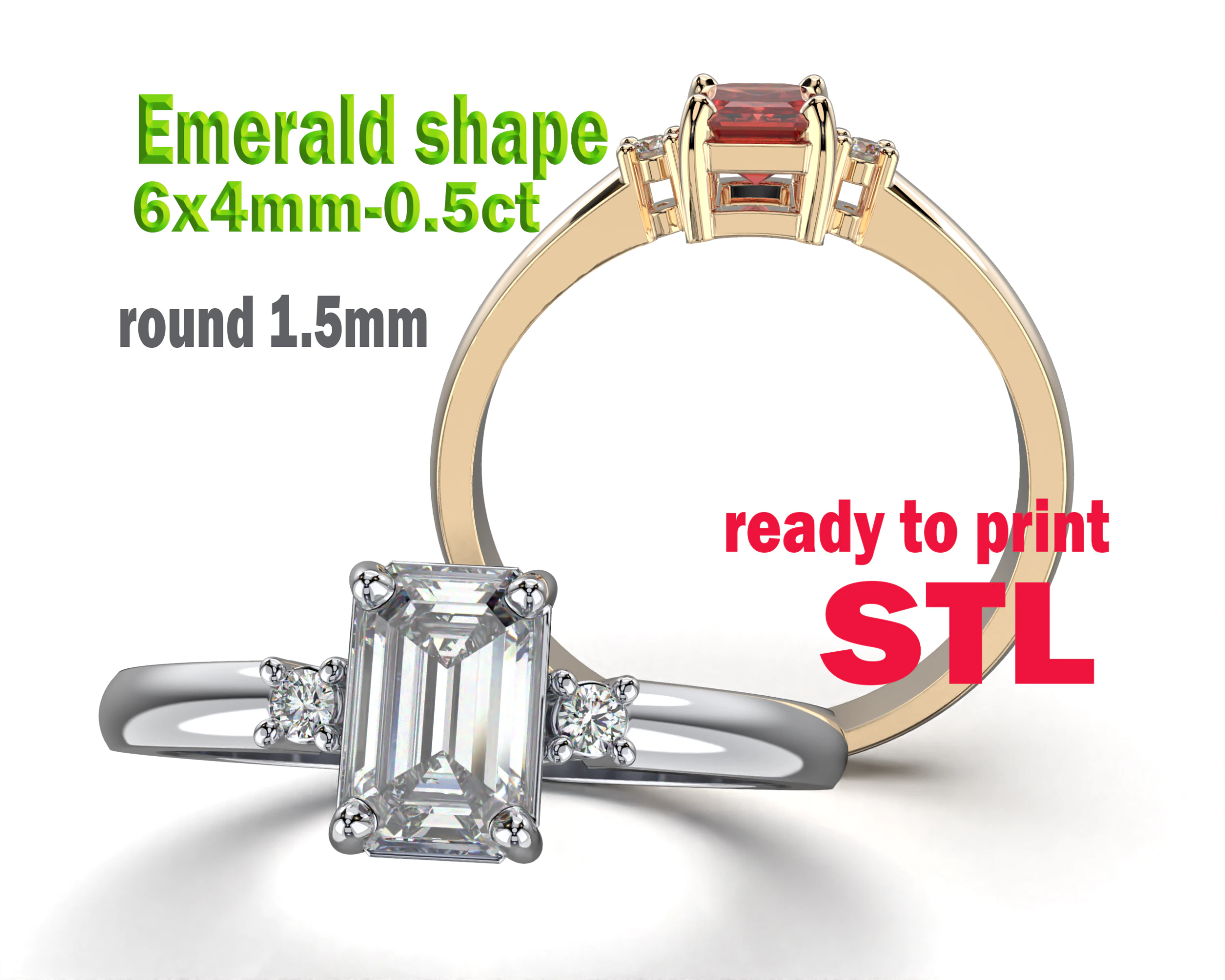 Engagement ring gem shape emerald 6x4mm 05ct -STL printable 3D Print Model .c4d .max .obj .3ds .fbx .stl .blend 