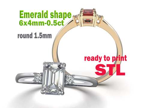 Engagement ring gem shape emerald 6x4mm 05ct -STL printable 3D Print Model