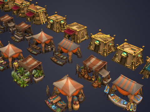 Medieval Market Vegetable Stalls Tent Pack 3D Model