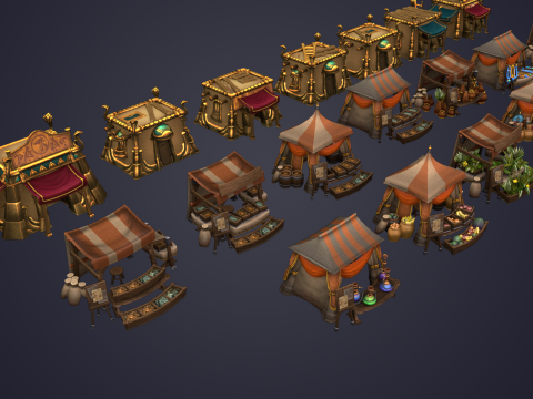 Medieval Market Vegetable Stalls Tent Pack Modelo 3D