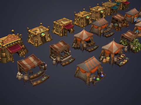 Medieval Market Vegetable Stalls Tent Pack 3D Model