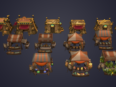 Medieval Market Vegetable Stalls Tent Pack Modelo 3D
