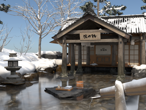 Japanese style outdoor hot springs Model 3D