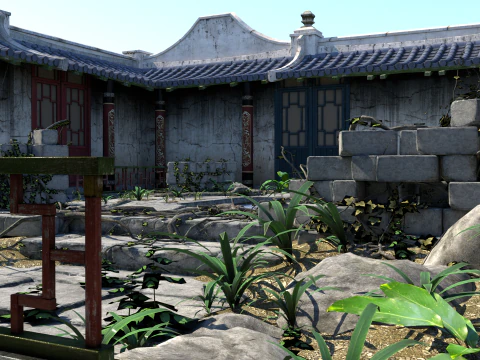 아시아 고대 건물 안뜰 3D 모델