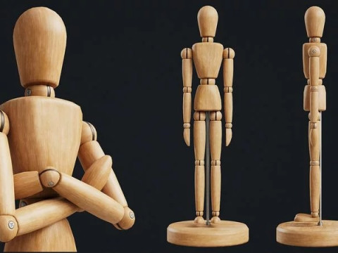 Disegno di una figura posabile in legno con manichino Modello 3D