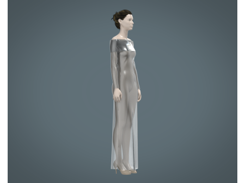 Ladies Shoulder Long Dress-Metaverse Model 3D