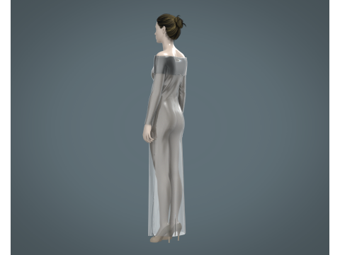 Ladies Shoulder Long Dress-Metaverse Model 3D