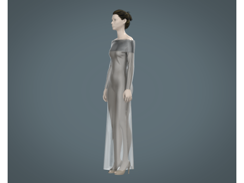 Ladies Shoulder Long Dress-Metaverse Model 3D