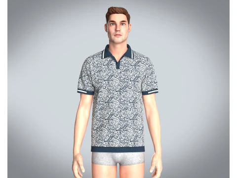 Men Open Collar Printed Polo 3D Model