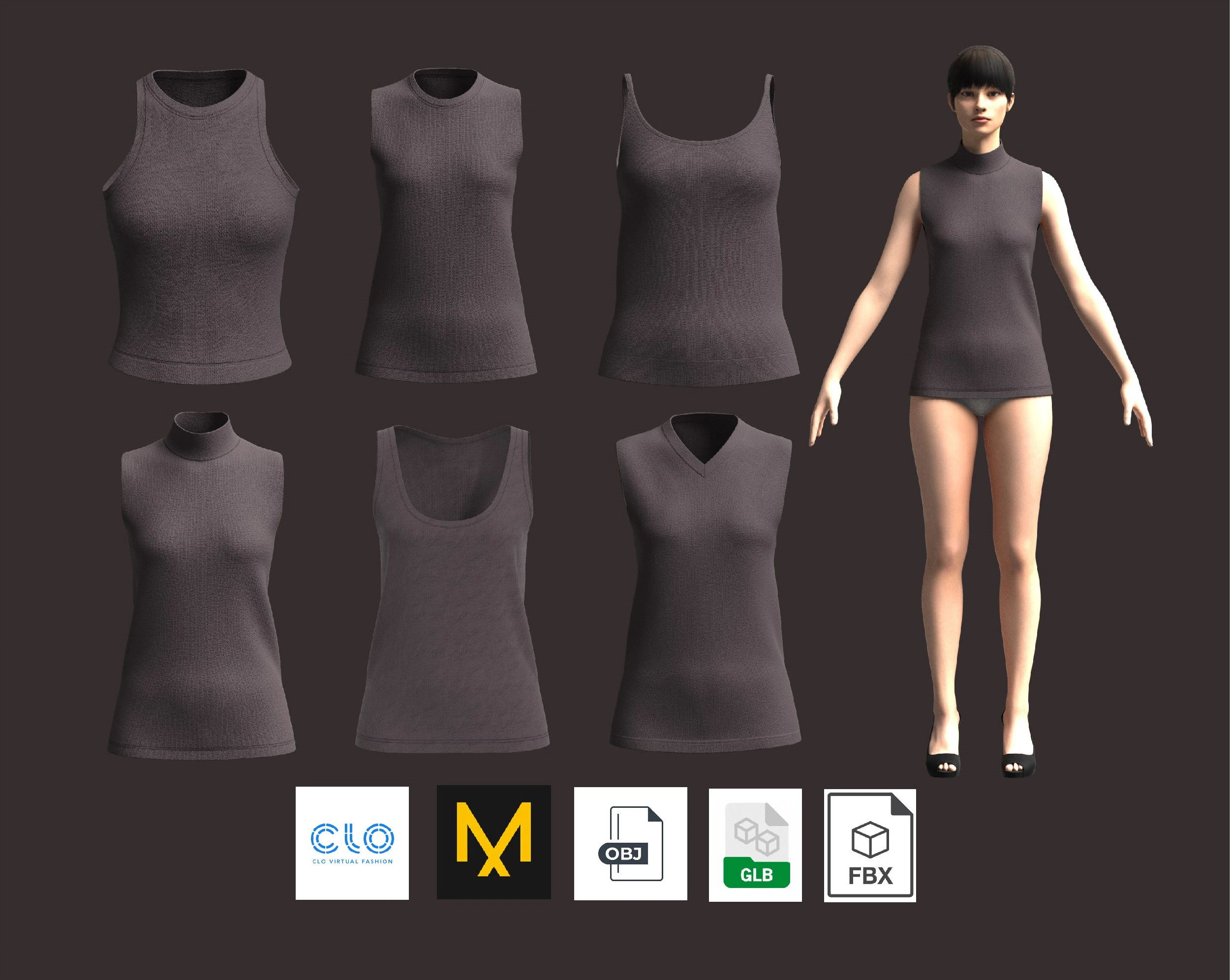 Ladies Tank Tops - 6 Styles Pack 3D Model .c4d .max .obj .3ds .fbx .stl .blend 