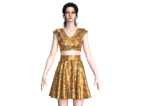 Girls Printed Top With Skirt - Outfit 3D Model