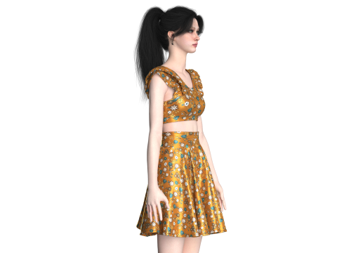 Girls Printed Top With Skirt - Outfit 3D Model