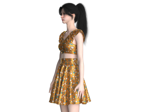 Girls Printed Top With Skirt - Outfit 3D Model
