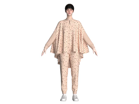 Ladies Printed Cape Tops With Jogger-Outfit 3D Model
