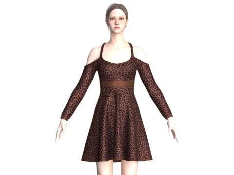 Girls Printed Midi Dress V4 3D Model