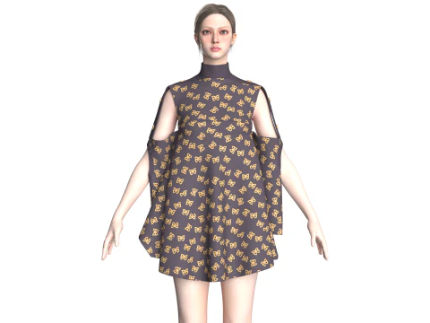 Girls Printed Cape Dress 3D Model