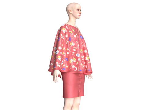 Ladies Printed Cape Tops With Skirt - Outfit 3D Model