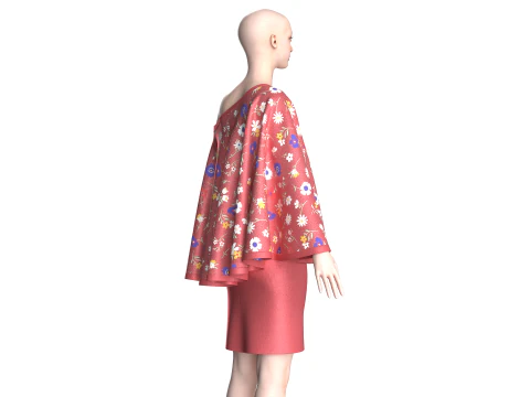 Ladies Printed Cape Tops With Skirt - Outfit 3D Model