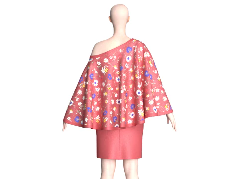 Ladies Printed Cape Tops With Skirt - Outfit 3D Model
