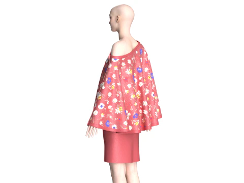 Ladies Printed Cape Tops With Skirt - Outfit 3D Model