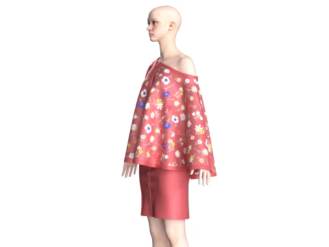 Ladies Printed Cape Tops With Skirt - Outfit 3D Model