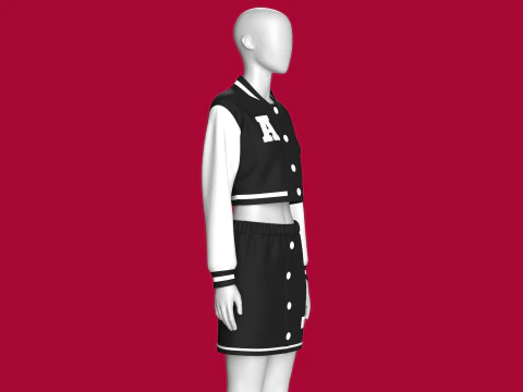 Girls Black Bomber Jacket With Skirt - Outfit 3D Model