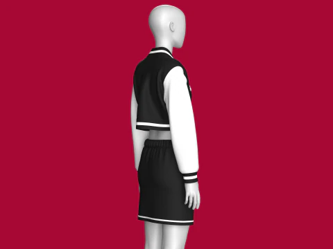 Girls Black Bomber Jacket With Skirt - Outfit 3D Model