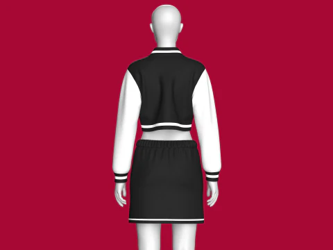 Girls Black Bomber Jacket With Skirt - Outfit 3D Model