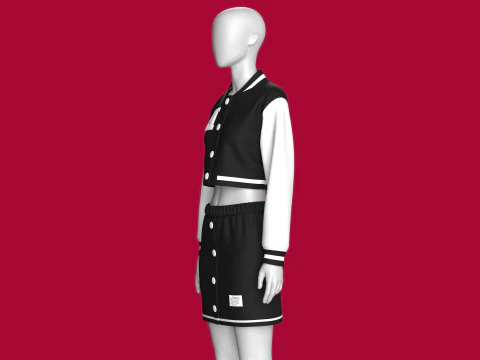Girls Black Bomber Jacket With Skirt - Outfit 3D Model