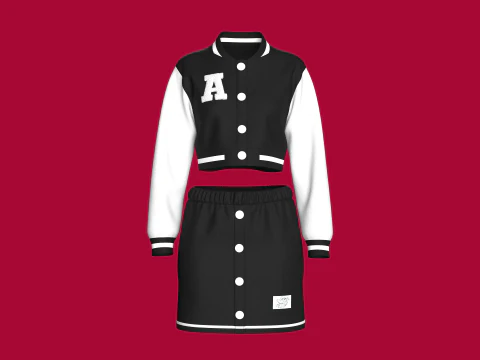 Girls Black Bomber Jacket With Skirt - Outfit 3D Model