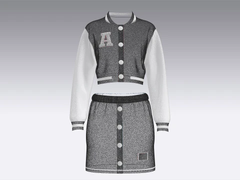 Girls Black Bomber Jacket With Skirt - Outfit 3D Model