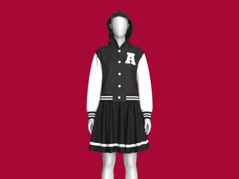 M&auml;dchen-Bomber-Kapuzenjacke mit Rock &ndash; Outfit 3D Modell