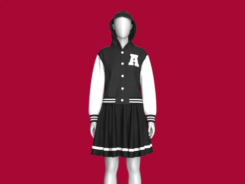 Jaqueta bomber feminina com capuz e saia - roupa Modelo 3D