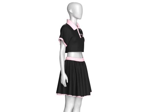 Girls Crop Polo Shirt With Skirt - Outfit 3D Model
