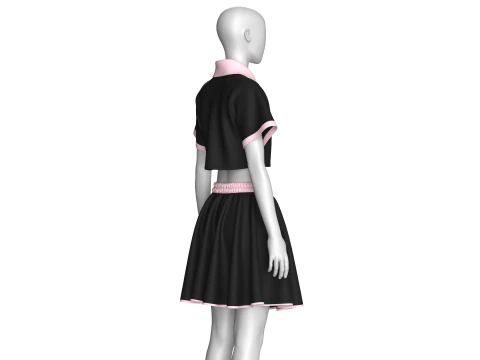 Girls Crop Polo Shirt With Skirt - Outfit 3D Model