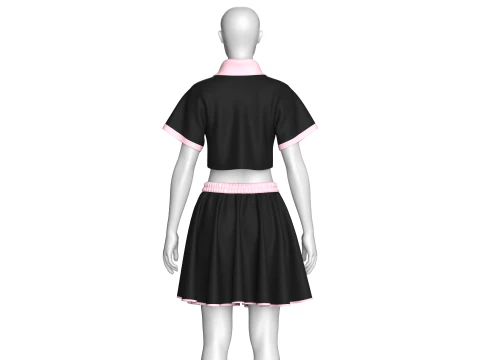 Girls Crop Polo Shirt With Skirt - Outfit 3D Model