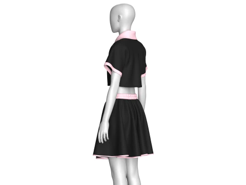 Girls Crop Polo Shirt With Skirt - Outfit 3D Model