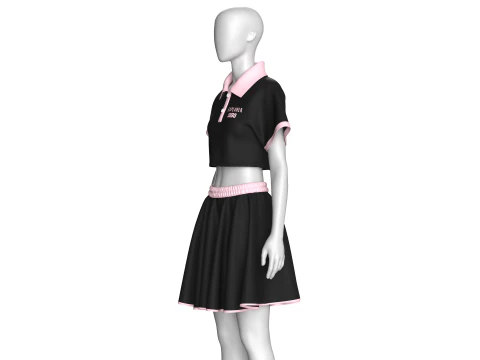 Girls Crop Polo Shirt With Skirt - Outfit 3D Model