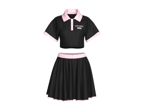 Girls Crop Polo Shirt With Skirt - Outfit 3D Model
