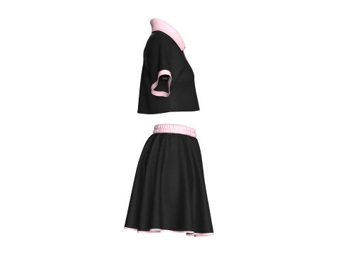 Girls Crop Polo Shirt With Skirt - Outfit 3D Model