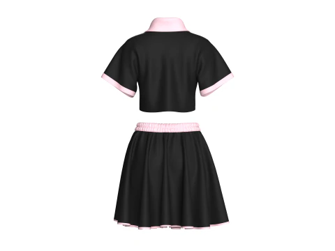 Girls Crop Polo Shirt With Skirt - Outfit 3D Model