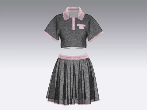 Girls Crop Polo Shirt With Skirt - Outfit 3D Model