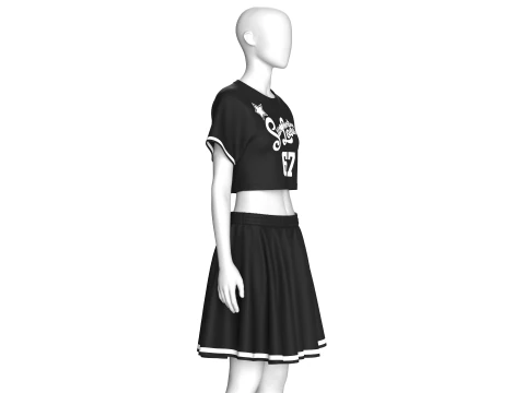ガールズプリント黒Tシャツとスカート衣装 3Dモデル