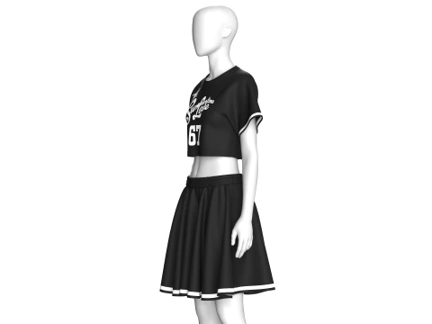 ガールズプリント黒Tシャツとスカート衣装 3Dモデル