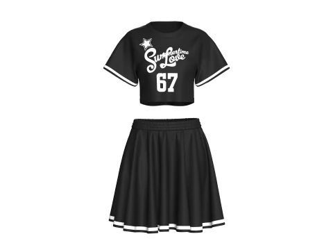 ガールズプリント黒Tシャツとスカート衣装 3Dモデル